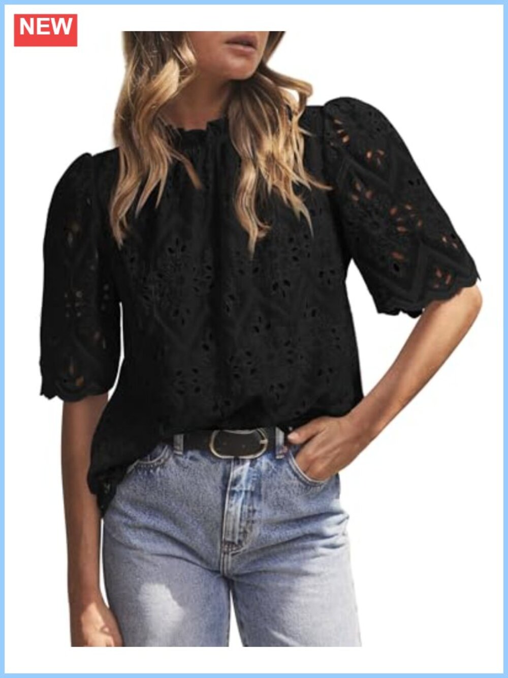 Women Eyelet Embroidered Blouse Puff Sleeve Mock Neck Dressy Casual Top